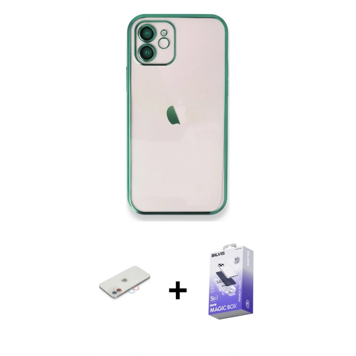 MARSİLYAN™- iPhone 12 Kılıf Vadi Minimal - Siyah Bilvis 5in1 5D Magic Hayalet Cam Ekran Koruyucu + Renkli Kamera Lens Koruma Cam - PE
