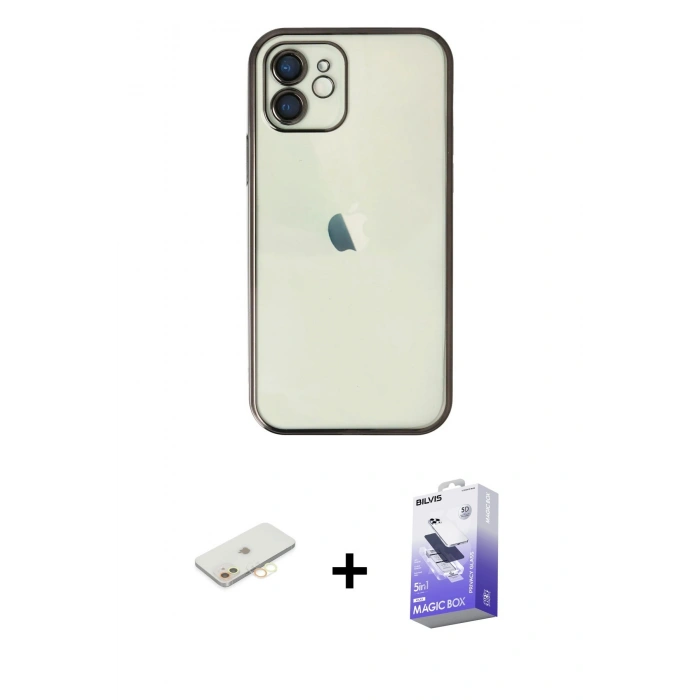 MARSİLYAN™- iPhone 12 Kılıf Vadi Minimal - Siyah Bilvis 5in1 5D Magic Hayalet Cam Ekran Koruyucu + Renkli Kamera Lens Koruma Cam - SI