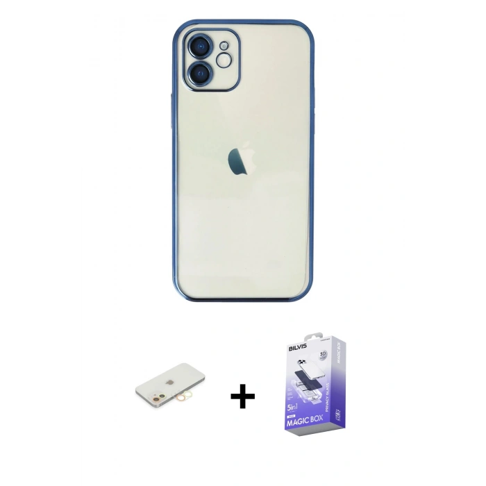 MARSİLYAN™- iPhone 12 Kılıf Vadi Minimal - Siyah Bilvis 5in1 5D Magic Hayalet Cam Ekran Koruyucu + Renkli Kamera Lens Koruma Cam - SI