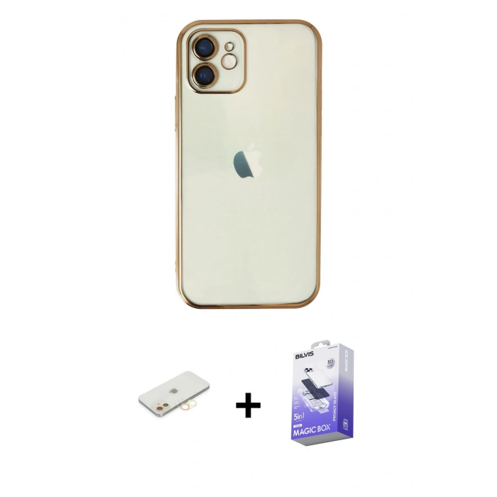 MARSİLYAN™- iPhone 12 Kılıf Vadi Minimal - Siyah Bilvis 5in1 5D Magic Hayalet Cam Ekran Koruyucu + Renkli Kamera Lens Koruma Cam - SI