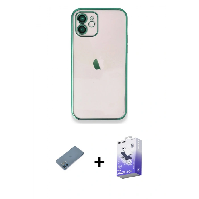MARSİLYAN™- iPhone 12 Kılıf Vadi Minimal - Siyah Bilvis 5in1 5D Magic Hayalet Cam Ekran Koruyucu + Shine Kamera Lens Koruma Cam - MI