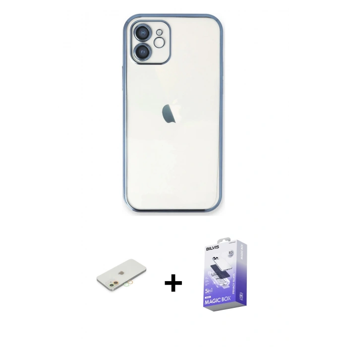 MARSİLYAN™- iPhone 12 Kılıf Vadi Minimal - Siyah Bilvis 5in1 5D Magic Hayalet Cam Ekran Koruyucu + Renkli Kamera Lens Koruma Cam - TU