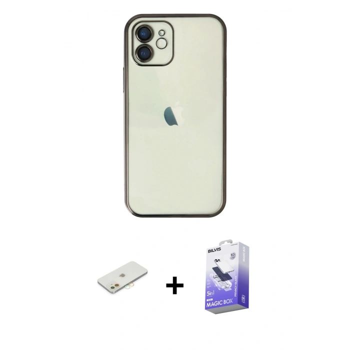 MARSİLYAN™- iPhone 12 Kılıf Vadi Minimal - Siyah Bilvis 5in1 5D Magic Hayalet Cam Ekran Koruyucu + Renkli Kamera Lens Koruma Cam - TU