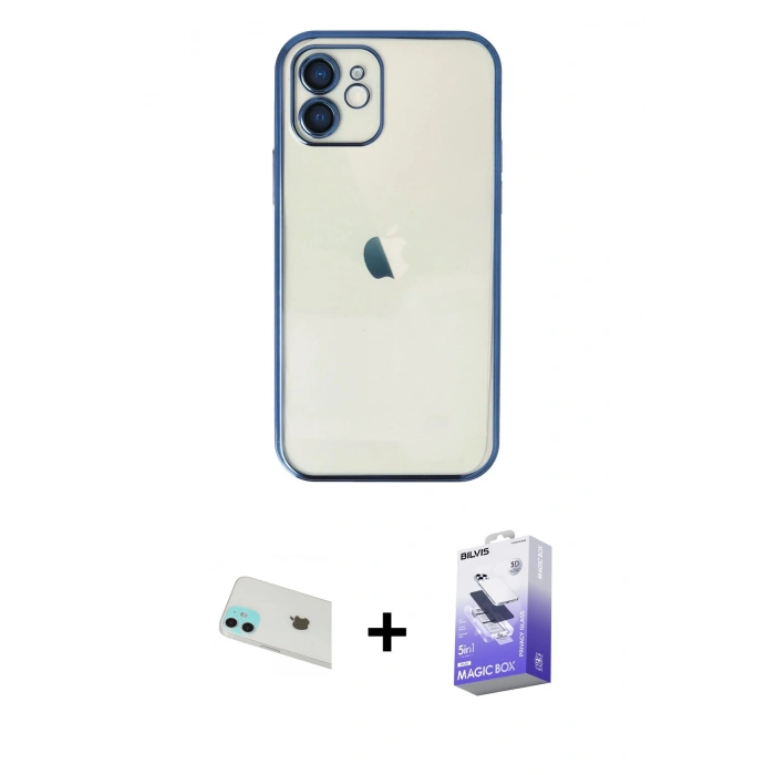 MARSİLYAN™- iPhone 12 Kılıf Vadi Minimal - Siyah Bilvis 5in1 5D Magic Hayalet Cam Ekran Koruyucu + Rainbow Kamera Lens Koruma Cam - YL