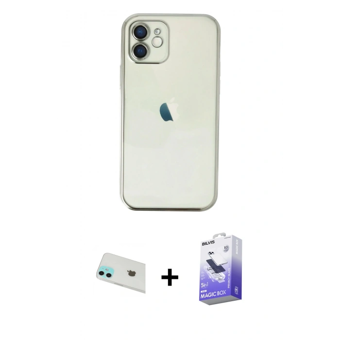 MARSİLYAN™- iPhone 12 Kılıf Vadi Minimal - Siyah Bilvis 5in1 5D Magic Hayalet Cam Ekran Koruyucu + Rainbow Kamera Lens Koruma Cam - YL