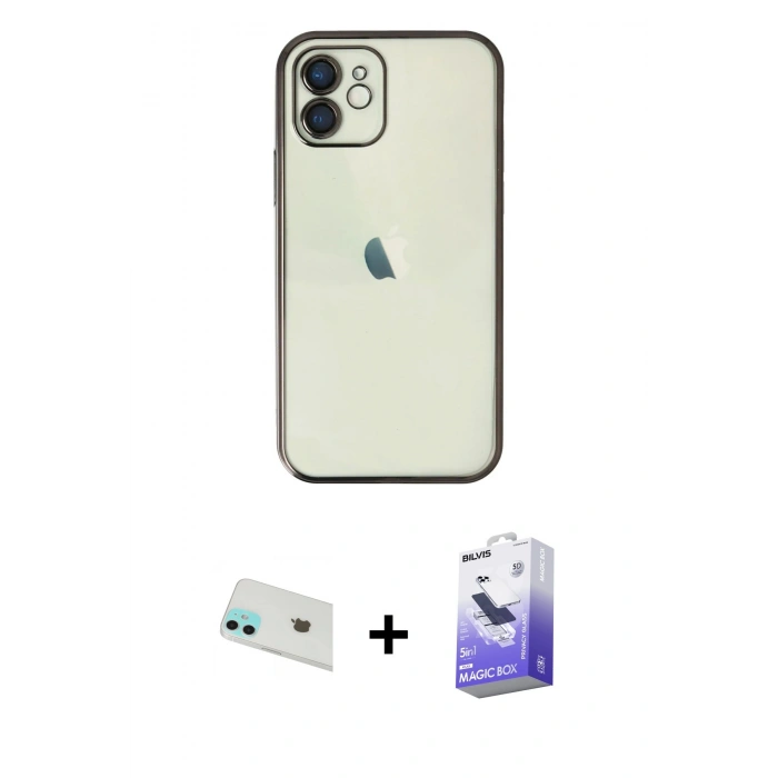 MARSİLYAN™- iPhone 12 Kılıf Vadi Minimal - Siyah Bilvis 5in1 5D Magic Hayalet Cam Ekran Koruyucu + Rainbow Kamera Lens Koruma Cam - YL