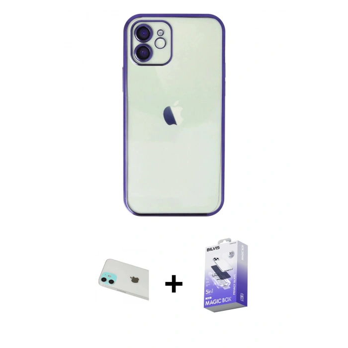 MARSİLYAN™- iPhone 12 Kılıf Vadi Minimal - Siyah Bilvis 5in1 5D Magic Hayalet Cam Ekran Koruyucu + Rainbow Kamera Lens Koruma Cam - YL