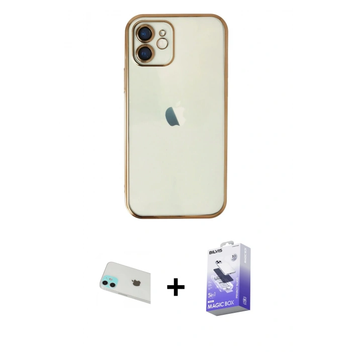 MARSİLYAN™- iPhone 12 Kılıf Vadi Minimal - Siyah Bilvis 5in1 5D Magic Hayalet Cam Ekran Koruyucu + Rainbow Kamera Lens Koruma Cam - YL
