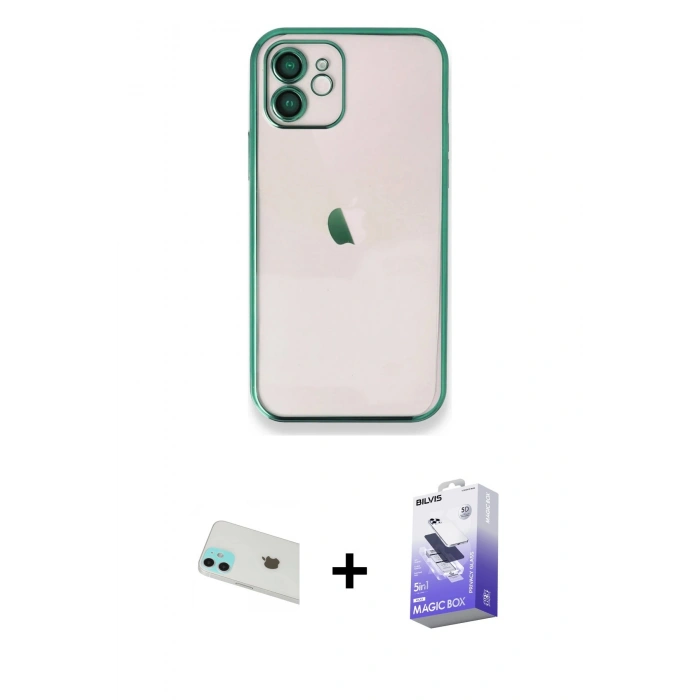 MARSİLYAN™- iPhone 12 Kılıf Vadi Minimal - Siyah Bilvis 5in1 5D Magic Hayalet Cam Ekran Koruyucu + Rainbow Kamera Lens Koruma Cam - YL