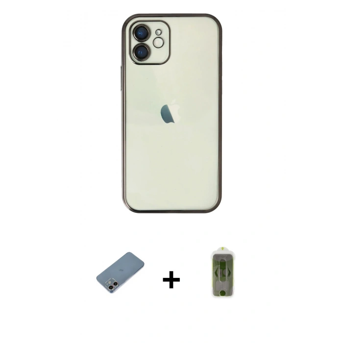 MARSİLYAN™- iPhone 12 Kılıf Vadi Minimal - Siyah Joko Magic 5D Hayalet Cam + Shine Kamera Lens Koruma Cam - GI