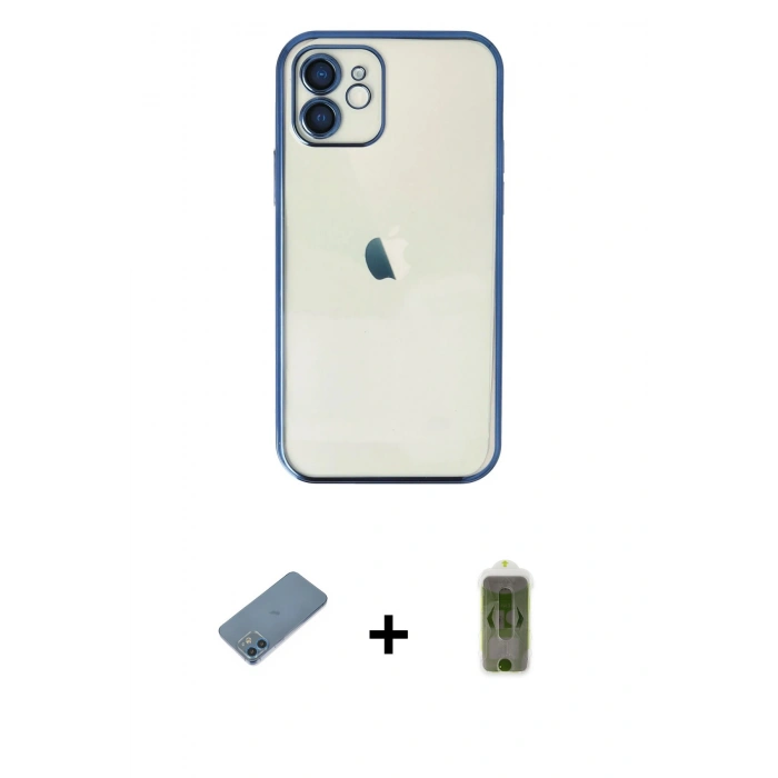 MARSİLYAN™- iPhone 12 Kılıf Vadi Minimal - Siyah Joko Magic 5D Hayalet Cam + Mavi Shine Kamera Lens Koruma Cam