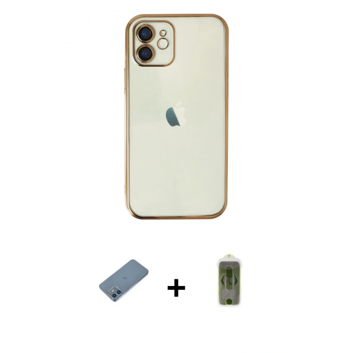 MARSİLYAN™- iPhone 12 Kılıf Vadi Minimal - Siyah Joko Magic 5D Hayalet Cam + Mavi Shine Kamera Lens Koruma Cam