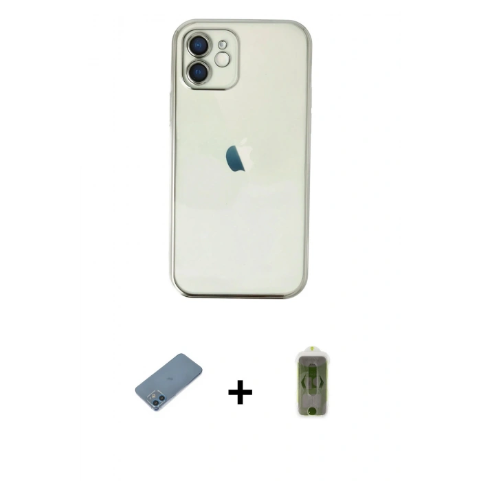 MARSİLYAN™- iPhone 12 Kılıf Vadi Minimal - Siyah Joko Magic 5D Hayalet Cam + Mavi Shine Kamera Lens Koruma Cam