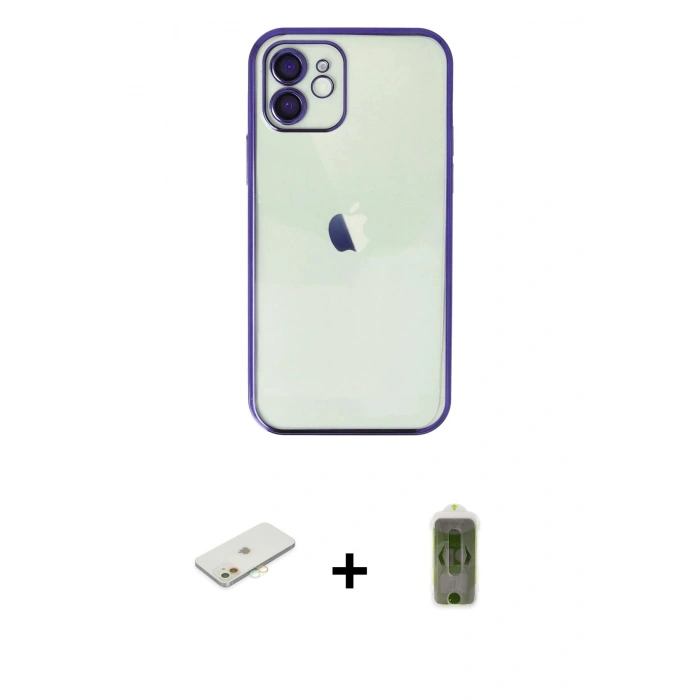 MARSİLYAN™- iPhone 12 Kılıf Vadi Minimal - Siyah Joko Magic 5D Hayalet Cam + Renkli Kamera Lens Koruma Cam - TU