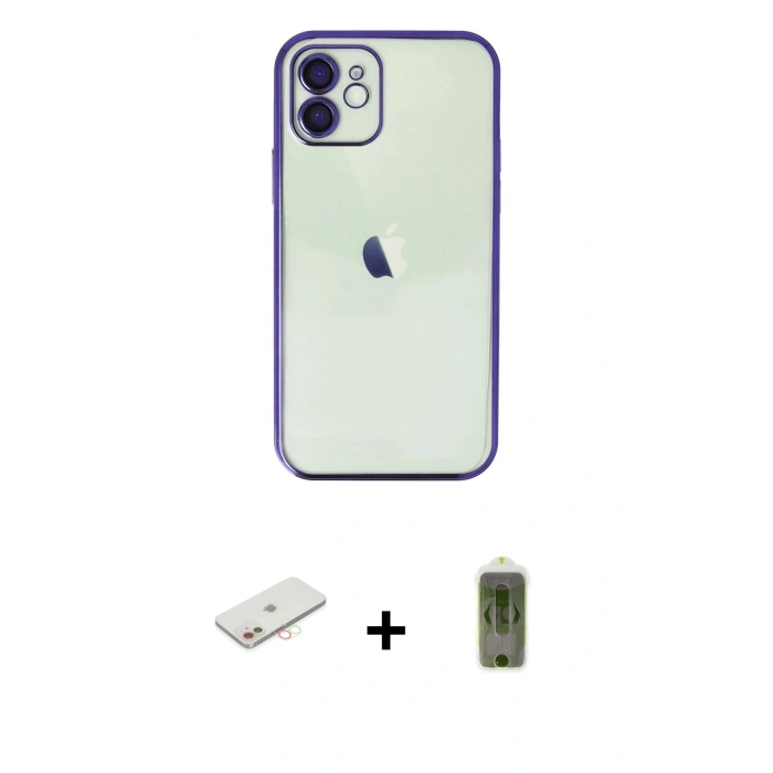 MARSİLYAN™- iPhone 12 Kılıf Vadi Minimal - Siyah Joko Magic 5D Hayalet Cam + Renkli Kamera Lens Koruma Cam - YL