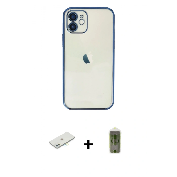 MARSİLYAN™- iPhone 12 Kılıf Vadi Minimal - Siyah Joko Magic 5D Hayalet Cam + Renkli Kamera Lens Koruma Cam - SI