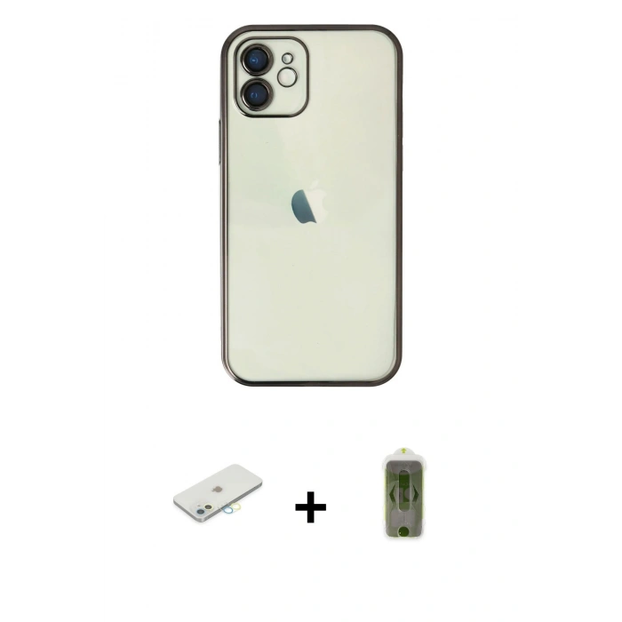 MARSİLYAN™- iPhone 12 Kılıf Vadi Minimal - Siyah Joko Magic 5D Hayalet Cam + Renkli Kamera Lens Koruma Cam - SI