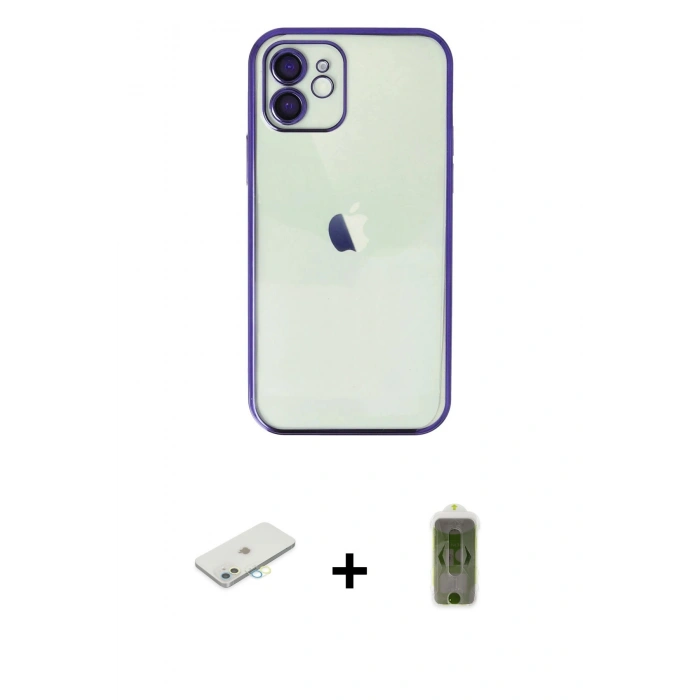 MARSİLYAN™- iPhone 12 Kılıf Vadi Minimal - Siyah Joko Magic 5D Hayalet Cam + Renkli Kamera Lens Koruma Cam - SI
