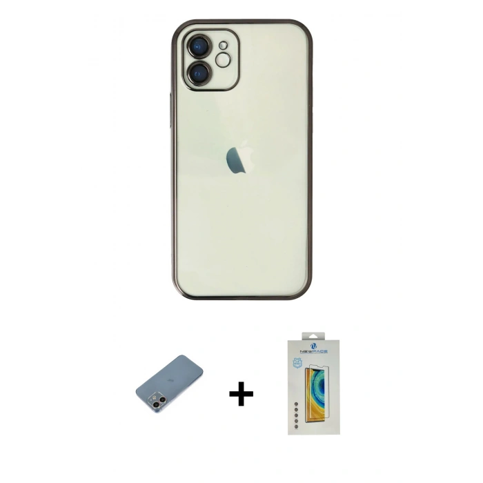 MARSİLYAN™- iPhone 12 Kılıf Vadi Minimal - Siyah Polymer Nano Ekran Koruyucu + Shine Kamera Lens Koruma Cam - GI