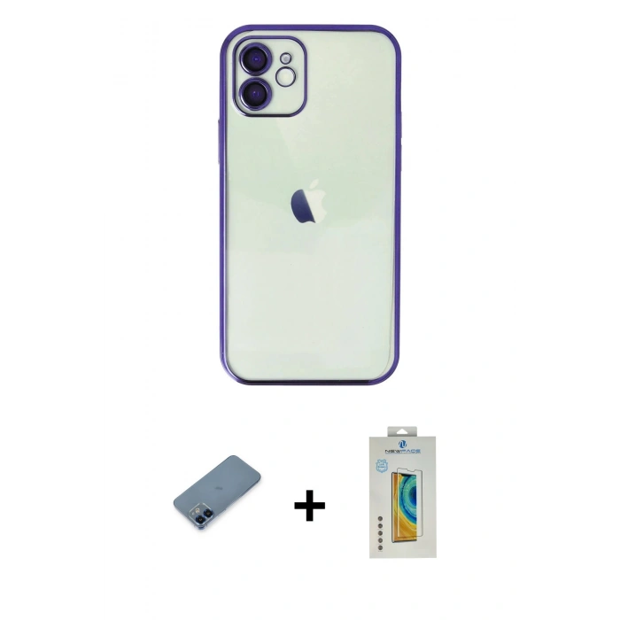MARSİLYAN™- iPhone 12 Kılıf Vadi Minimal - Siyah Polymer Nano Ekran Koruyucu + Metal Kamera Lens Koruma Cam - MI