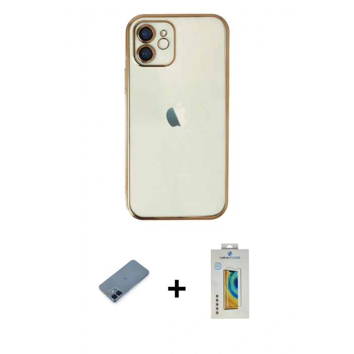 MARSİLYAN™- iPhone 12 Kılıf Vadi Minimal - Siyah Polymer Nano Ekran Koruyucu + Metal Kamera Lens Koruma Cam - MI