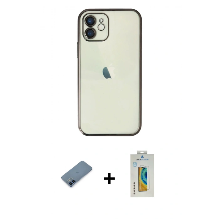 MARSİLYAN™- iPhone 12 Kılıf Vadi Minimal - Siyah Polymer Nano Ekran Koruyucu + Metal Kamera Lens Koruma Cam - MI