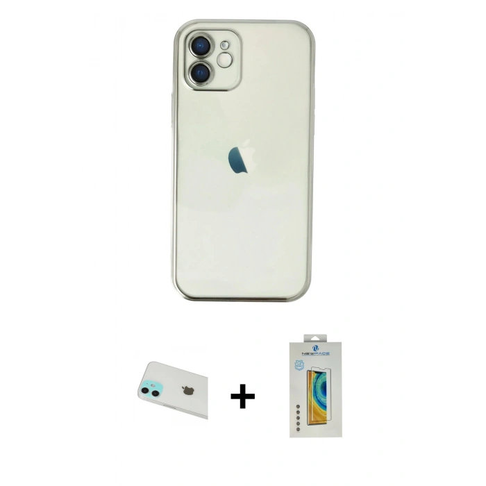 MARSİLYAN™- iPhone 12 Kılıf Vadi Minimal - Siyah Polymer Nano Ekran Koruyucu + Rainbow Kamera Lens Koruma Cam - YL