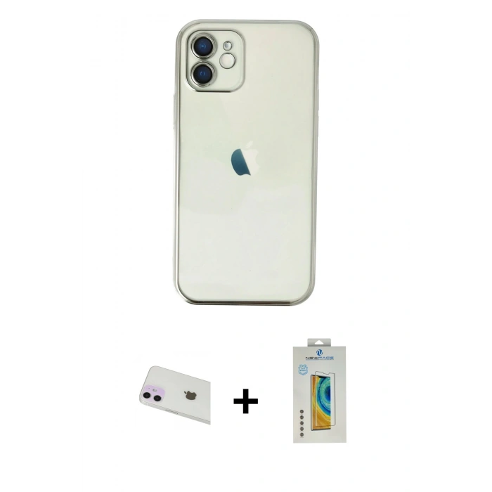 MARSİLYAN™- iPhone 12 Kılıf Vadi Minimal - Siyah Polymer Nano Ekran Koruyucu + Rainbow Kamera Lens Koruma Cam - MR