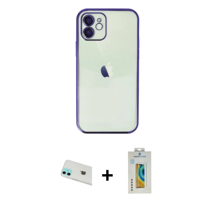 MARSİLYAN™- iPhone 12 Kılıf Vadi Minimal - Siyah Polymer Nano Ekran Koruyucu + Rainbow Kamera Lens Koruma Cam - YL