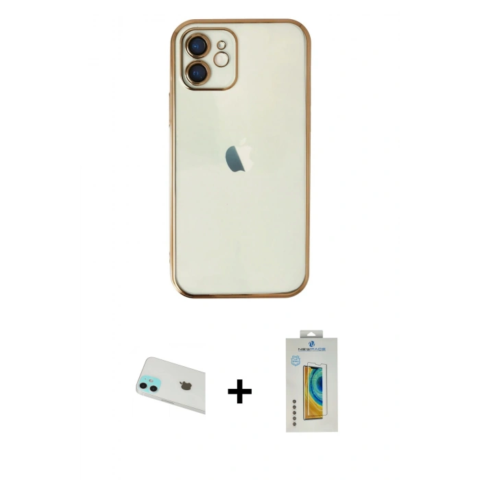 MARSİLYAN™- iPhone 12 Kılıf Vadi Minimal - Siyah Polymer Nano Ekran Koruyucu + Rainbow Kamera Lens Koruma Cam - YL