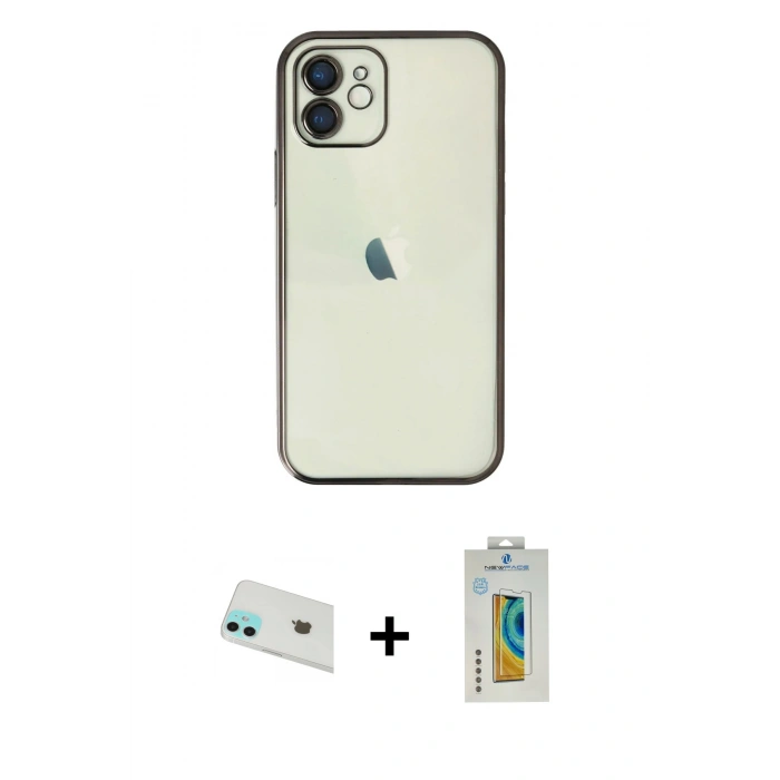 MARSİLYAN™- iPhone 12 Kılıf Vadi Minimal - Siyah Polymer Nano Ekran Koruyucu + Rainbow Kamera Lens Koruma Cam - YL