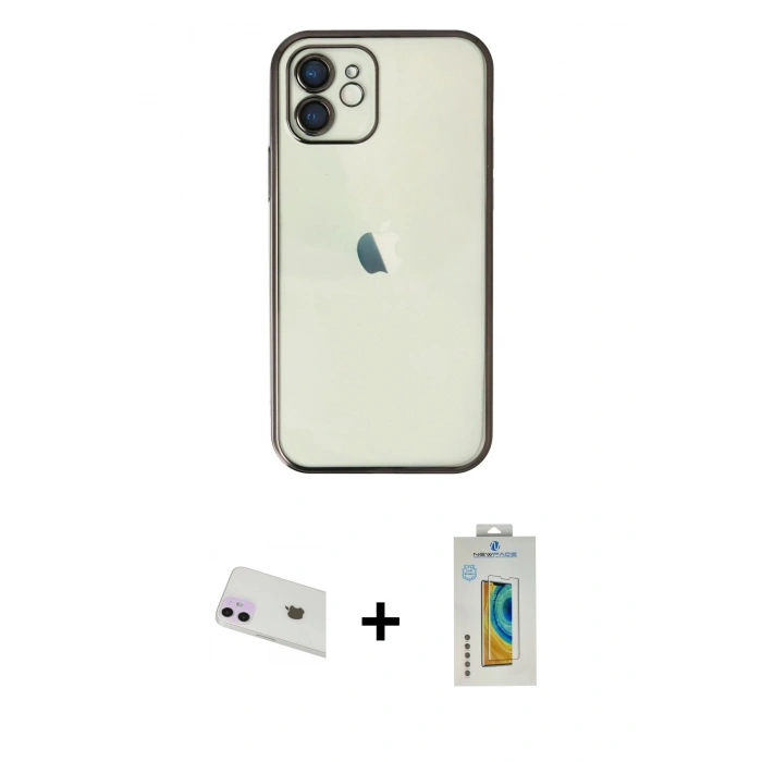 MARSİLYAN™- iPhone 12 Kılıf Vadi Minimal - Siyah Polymer Nano Ekran Koruyucu + Rainbow Kamera Lens Koruma Cam - MR