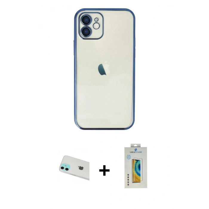 MARSİLYAN™- iPhone 12 Kılıf Vadi Minimal - Siyah Polymer Nano Ekran Koruyucu + Rainbow Kamera Lens Koruma Cam - YL