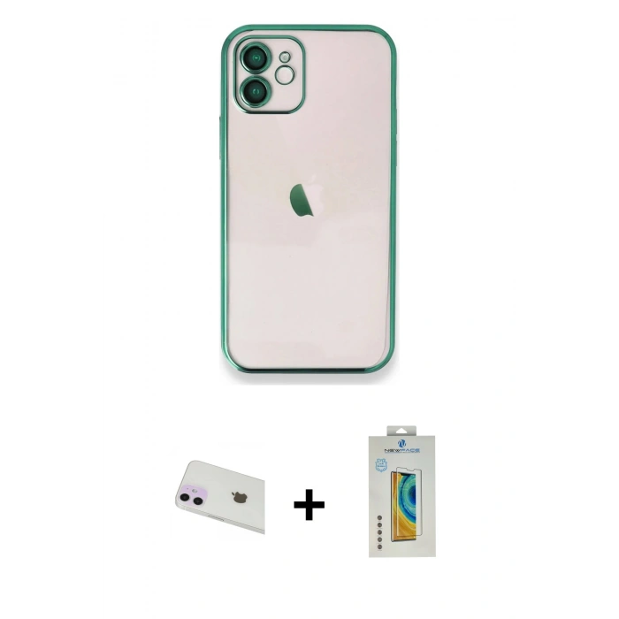 MARSİLYAN™- iPhone 12 Kılıf Vadi Minimal - Siyah Polymer Nano Ekran Koruyucu + Rainbow Kamera Lens Koruma Cam - MR