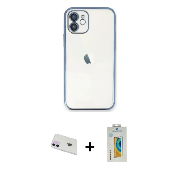 MARSİLYAN™- iPhone 12 Kılıf Vadi Minimal - Siyah Polymer Nano Ekran Koruyucu + Rainbow Kamera Lens Koruma Cam - MR
