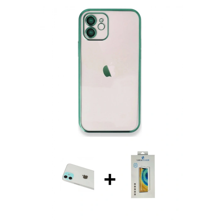 MARSİLYAN™- iPhone 12 Kılıf Vadi Minimal - Siyah Polymer Nano Ekran Koruyucu + Rainbow Kamera Lens Koruma Cam - YL