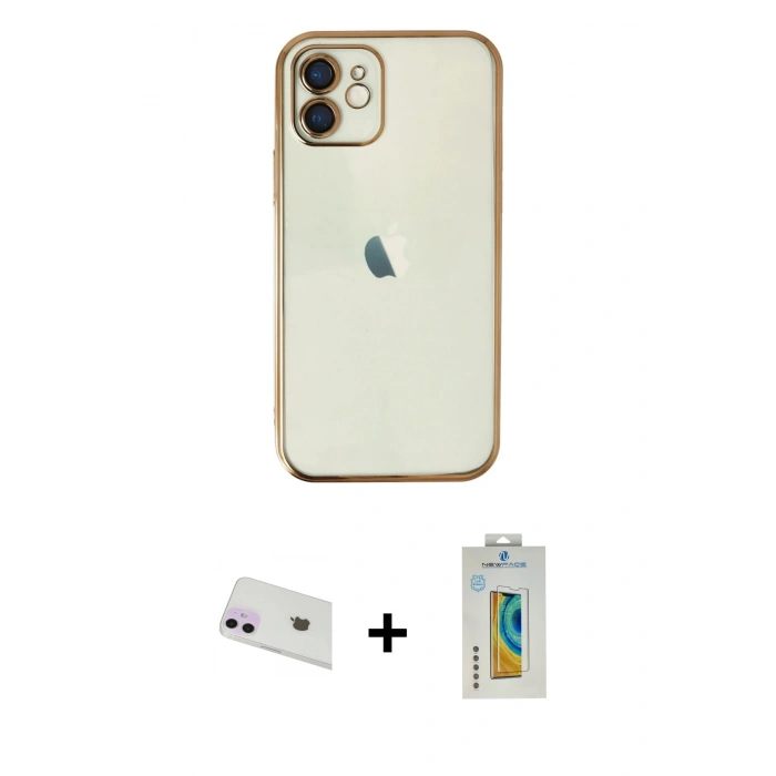 MARSİLYAN™- iPhone 12 Kılıf Vadi Minimal - Siyah Polymer Nano Ekran Koruyucu + Rainbow Kamera Lens Koruma Cam - MR