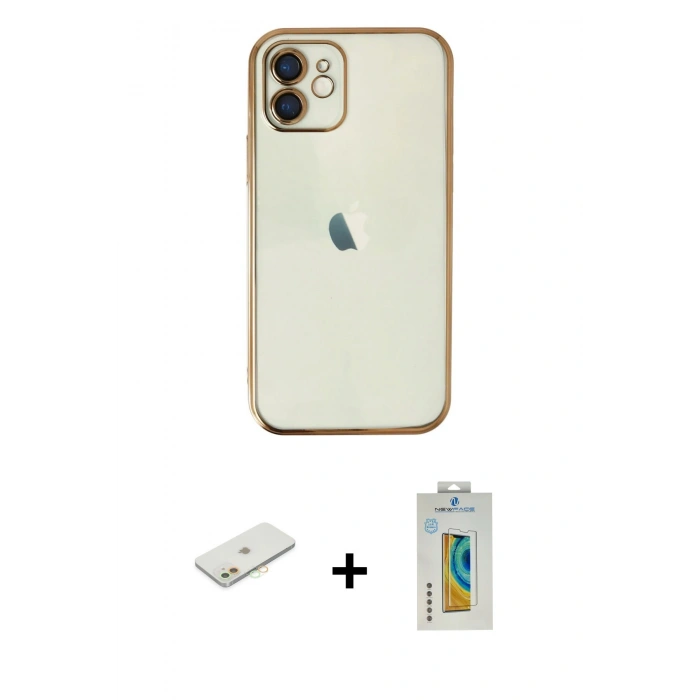 MARSİLYAN™- iPhone 12 Kılıf Vadi Minimal - Siyah Polymer Nano Ekran Koruyucu + Renkli Kamera Lens Koruma Cam - TU