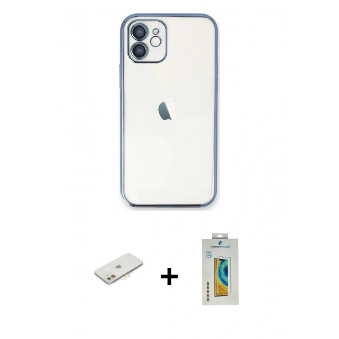 MARSİLYAN™- iPhone 12 Kılıf Vadi Minimal - Siyah Polymer Nano Ekran Koruyucu + Renkli Kamera Lens Koruma Cam - TU