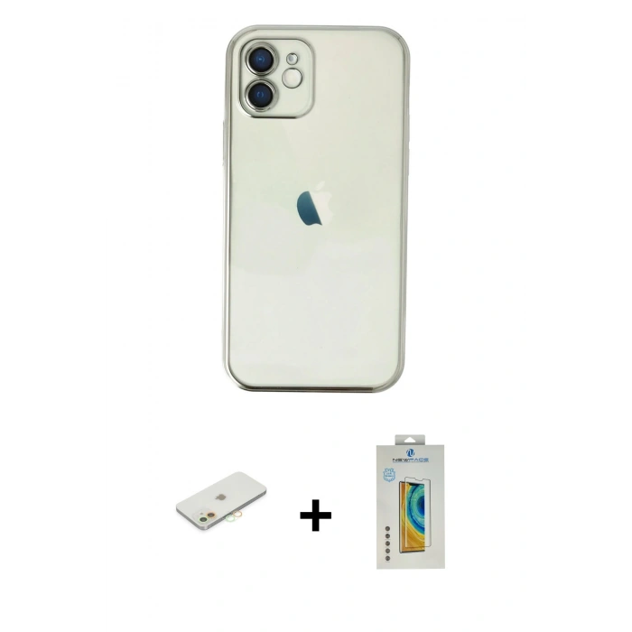 MARSİLYAN™- iPhone 12 Kılıf Vadi Minimal - Siyah Polymer Nano Ekran Koruyucu + Renkli Kamera Lens Koruma Cam - TU
