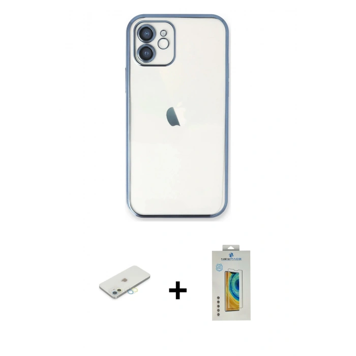 MARSİLYAN™- iPhone 12 Kılıf Vadi Minimal - Siyah Polymer Nano Ekran Koruyucu + Renkli Kamera Lens Koruma Cam - SI