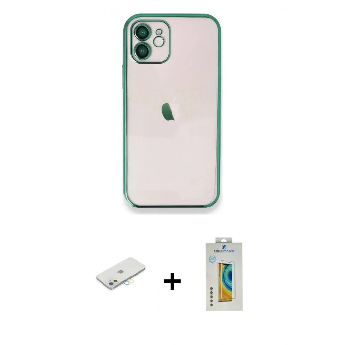MARSİLYAN™- iPhone 12 Kılıf Vadi Minimal - Siyah Polymer Nano Ekran Koruyucu + Renkli Kamera Lens Koruma Cam - SI