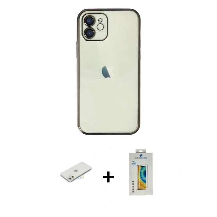 MARSİLYAN™- iPhone 12 Kılıf Vadi Minimal - Siyah Polymer Nano Ekran Koruyucu + Renkli Kamera Lens Koruma Cam - SI