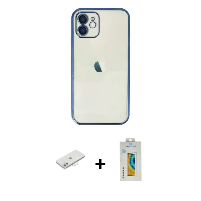 MARSİLYAN™- iPhone 12 Kılıf Vadi Minimal - Siyah Polymer Nano Ekran Koruyucu + Renkli Kamera Lens Koruma Cam - SI