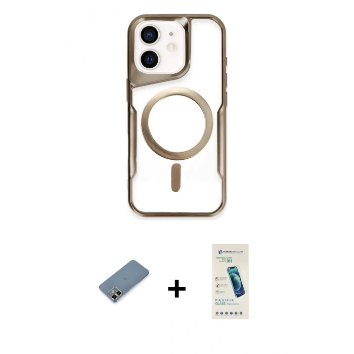 MARSİLYAN™- iPhone 12 Kılıf Yadigar Klasik Özel Seri - Şeffaf Pasifik Cam Ekran Koruyucu + Metal Kamera Lens Koruma Cam - GD