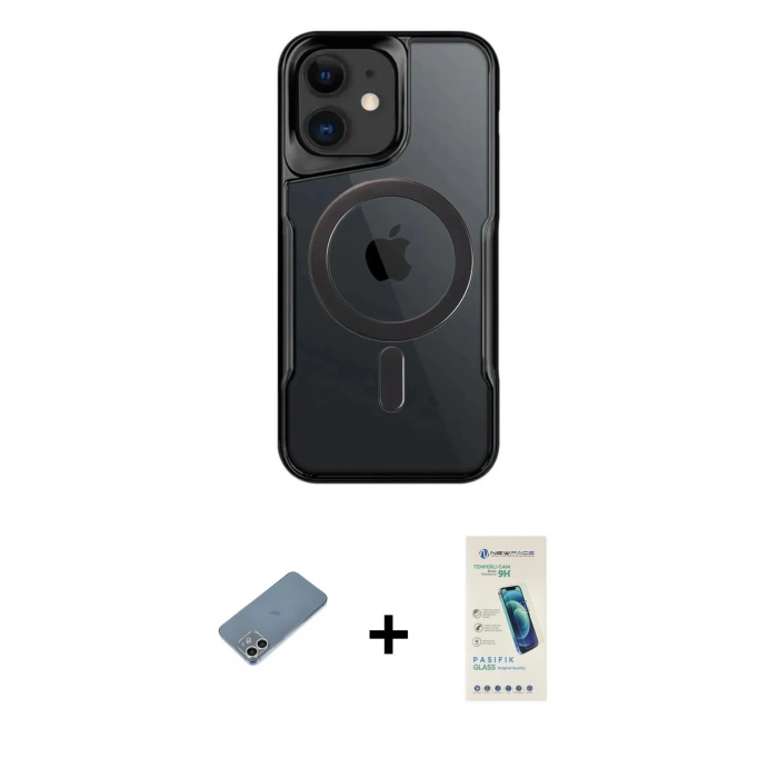 MARSİLYAN™- iPhone 12 Kılıf Yadigar Klasik Özel Seri - Şeffaf Pasifik Cam Ekran Koruyucu + Shine Kamera Lens Koruma Cam - GS