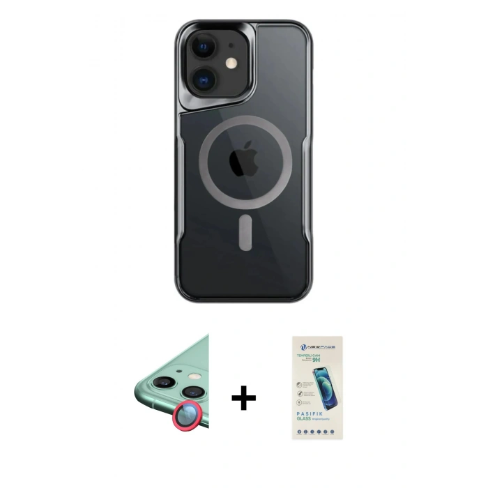 MARSİLYAN™- iPhone 12 Kılıf Yadigar Klasik Özel Seri - Şeffaf Pasifik Cam Ekran Koruyucu + Kırmızı Raze Metal Kamera Lens