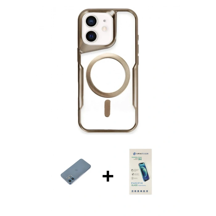 MARSİLYAN™- iPhone 12 Kılıf Yadigar Klasik Özel Seri - Şeffaf Pasifik Cam Ekran Koruyucu + Shine Kamera Lens Koruma Cam - MI
