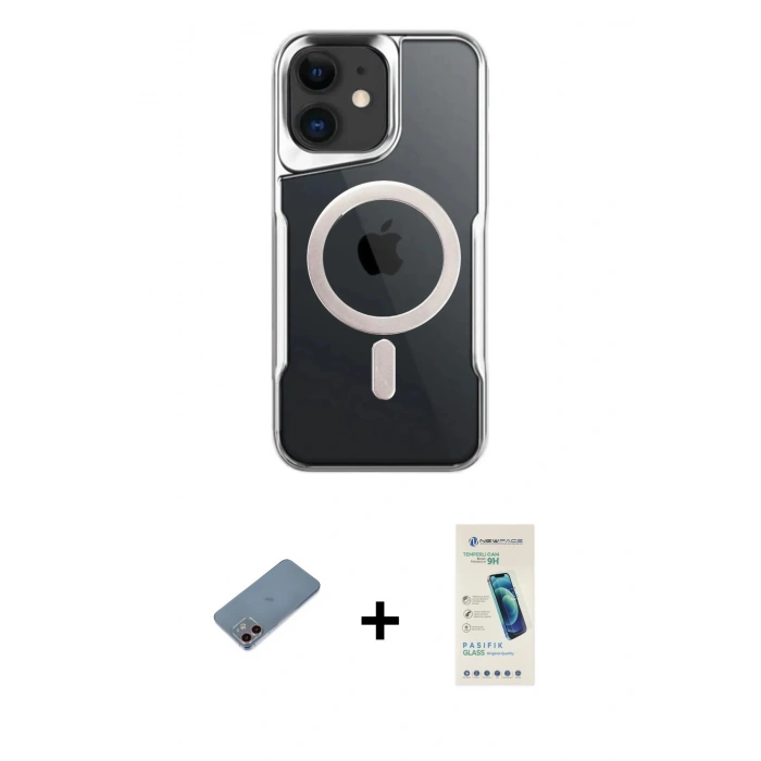 MARSİLYAN™- iPhone 12 Kılıf Yadigar Klasik Özel Seri - Şeffaf Pasifik Cam Ekran Koruyucu + Shine Kamera Lens Koruma Cam - PE