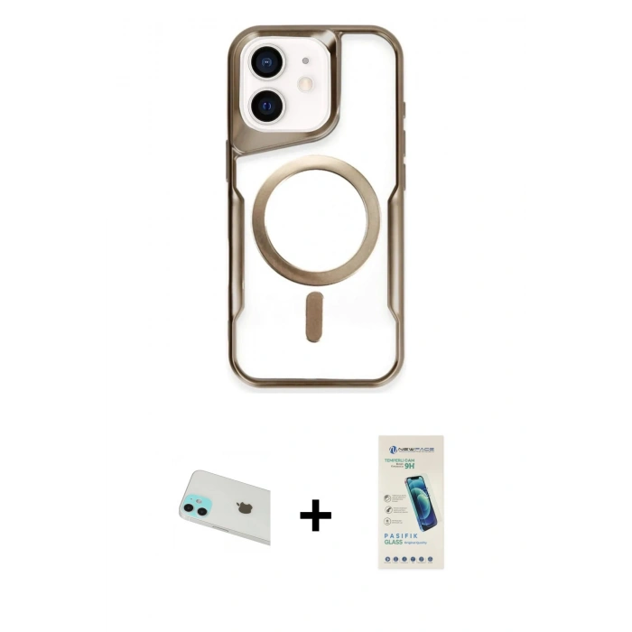 MARSİLYAN™- iPhone 12 Kılıf Yadigar Klasik Özel Seri - Şeffaf Pasifik Cam Ekran Koruyucu + Rainbow Kamera Lens Koruma Cam - YL
